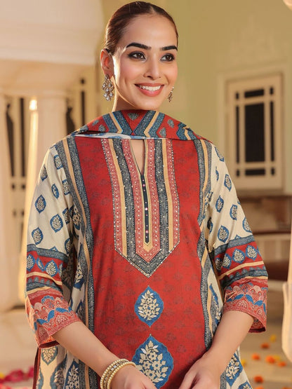 Dhiyona RR Women's Floral Printed Mandarin Collar Muslin Kurta With Trousers & Dupatta
