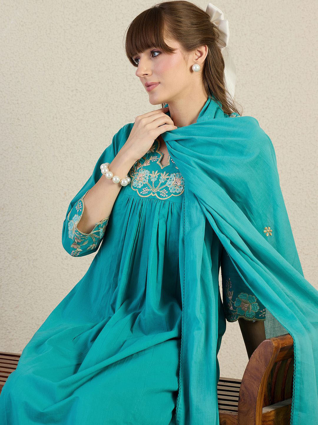 Women Embroidered Beads & Stones Pure Cotton Kurta with Trousers & Dupatta