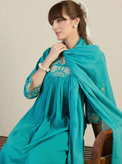 Women Embroidered Beads & Stones Pure Cotton Kurta with Trousers & Dupatta
