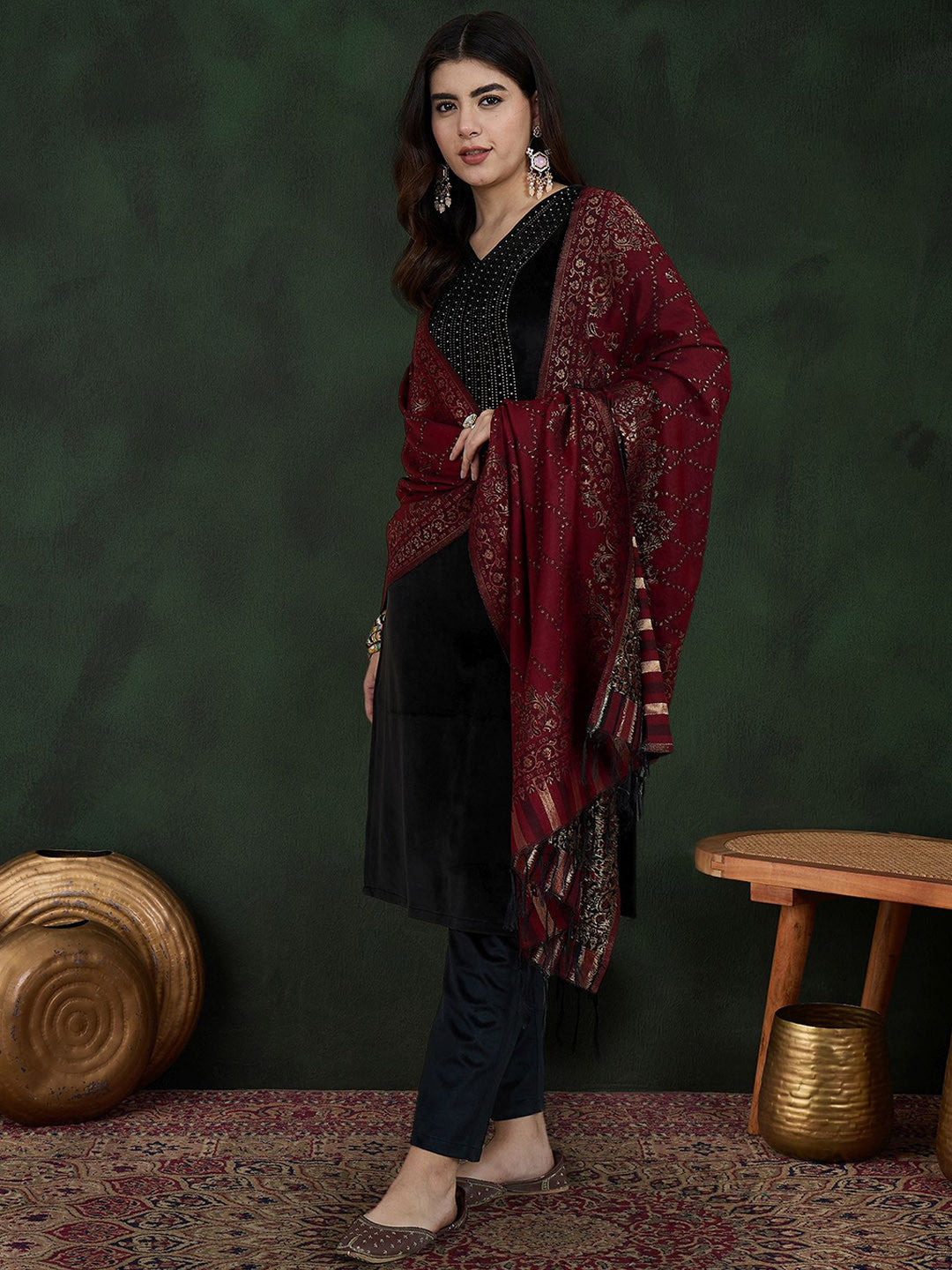 Black Geometric Yoke Design V-Neck Velvet Kurta With Trouser With Dupatta