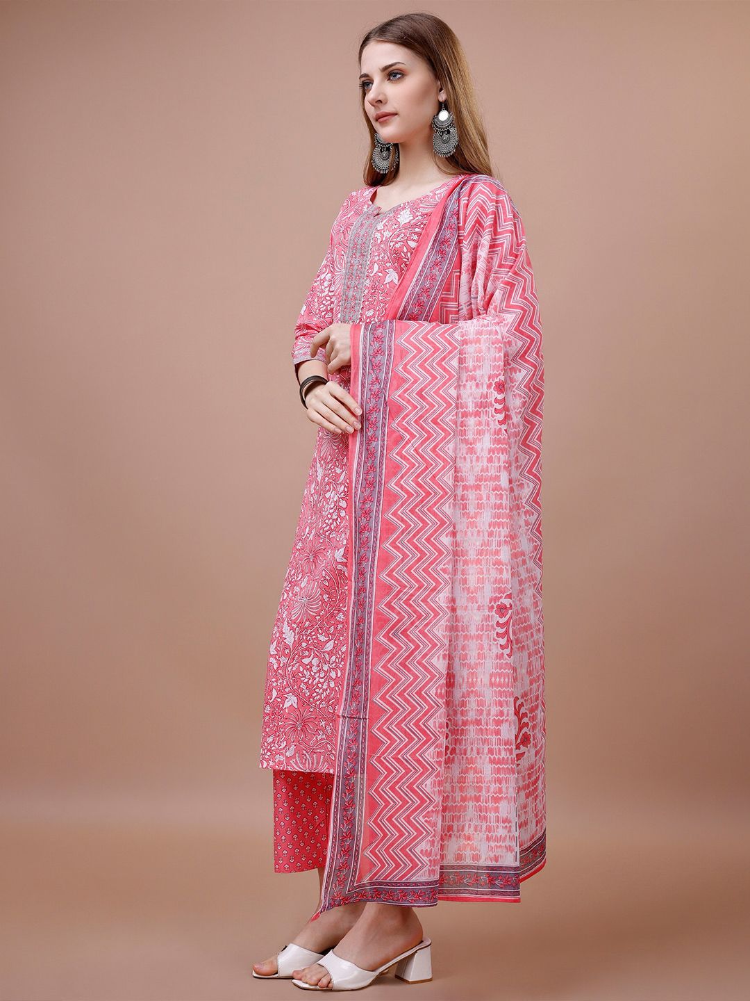 Dhiyona IS Women's Floral Printed Round Neck Pure Cotton Kurta with Trousers & Dupatta