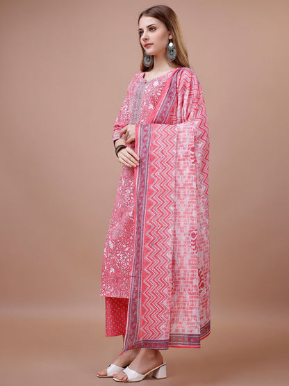 Dhiyona IS Women's Floral Printed Round Neck Pure Cotton Kurta with Trousers & Dupatta