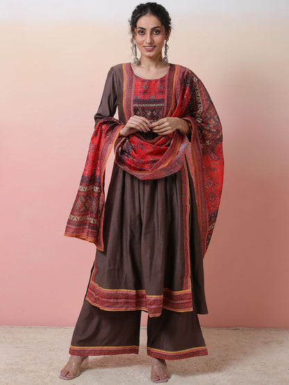 Dhiyona SN Ethnic Motifs Printed Round Neck A-line Kurta With Palazzos & Dupatta