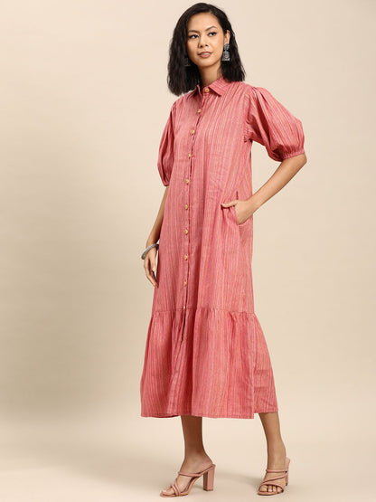 Dhiyona AY Women's Puff Sleeve A-Line Cotton Midi Dress