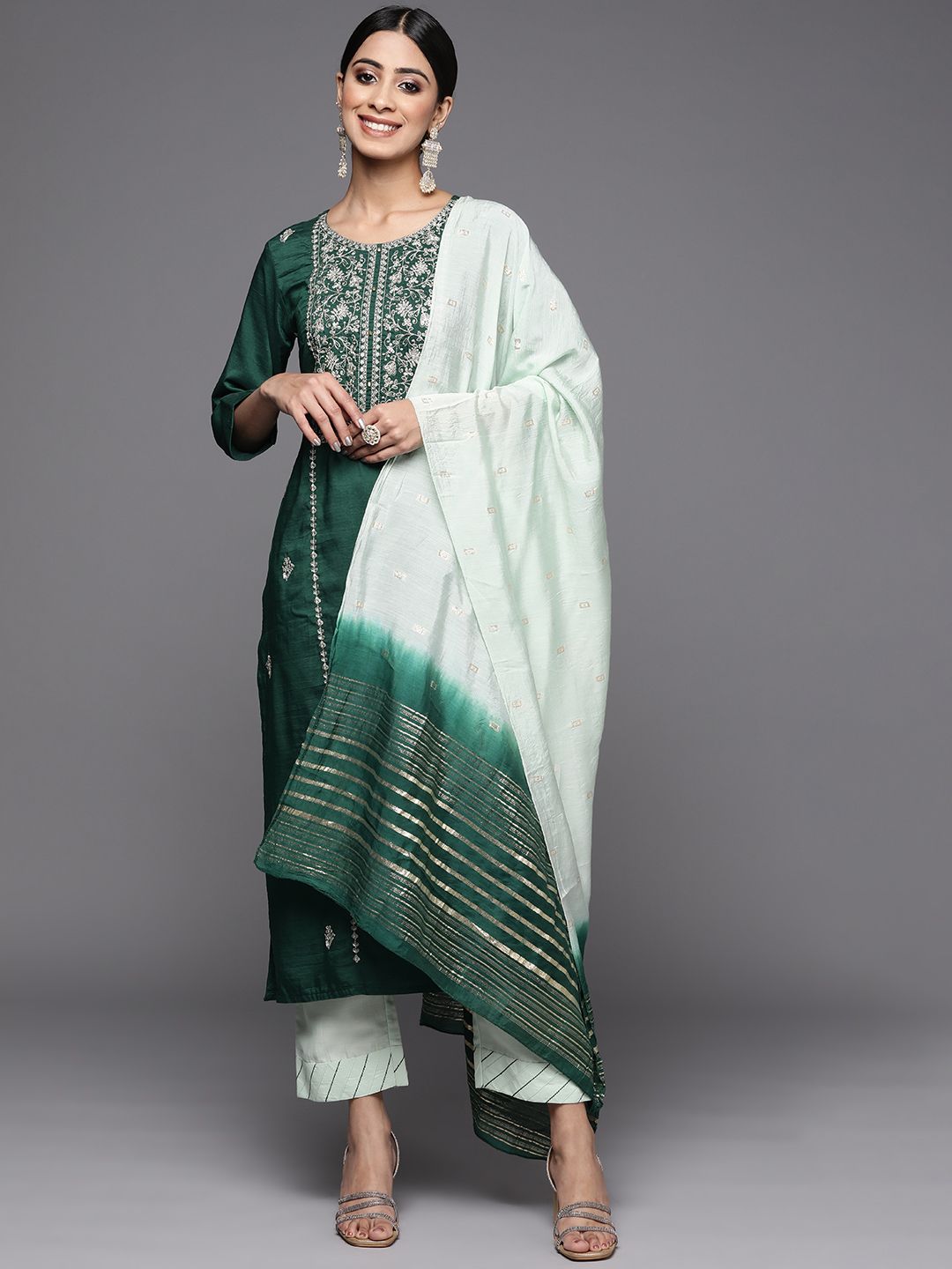 Dhiyona VA Women's Green Embroidered Gotta Patti Pure Cotton Kurta with Trousers & Dupatta
