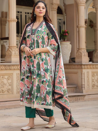 Dhiyona RR Women's Floral Printed Cotton Anarkali Kurta with Trousers & Dupatta