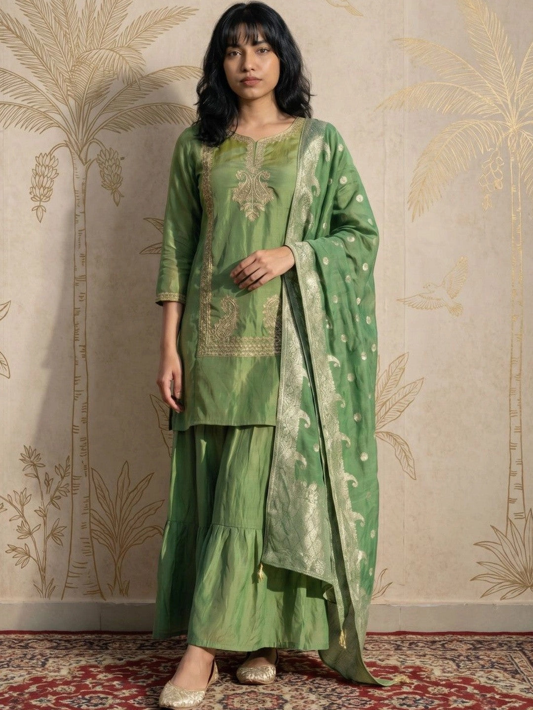 Women Ethnic Motifs Embroidered Regular Kurta with Sharara & With Dupatta