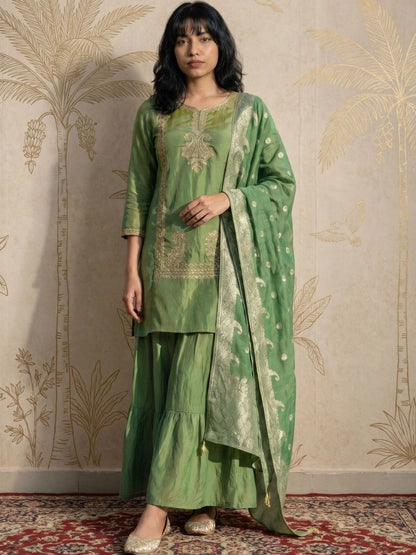 Women Ethnic Motifs Embroidered Regular Kurta with Sharara & With Dupatta