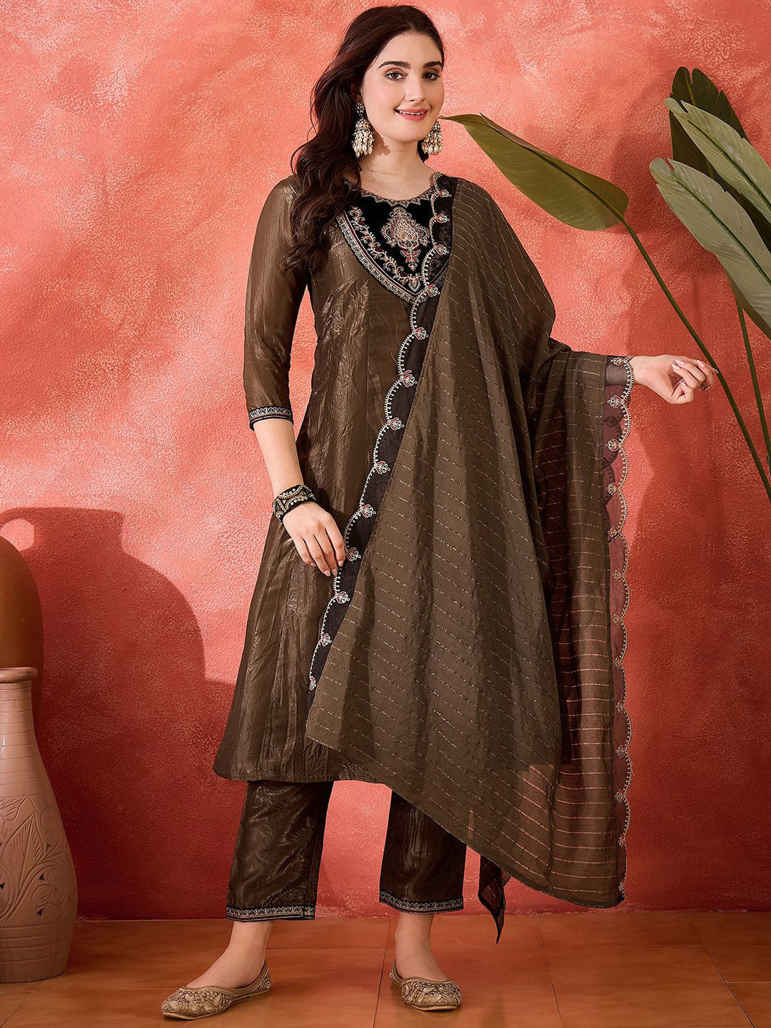 Floral Yoke Design Round Neck Sequinned A-Line Kurta With Trousers & Dupatta