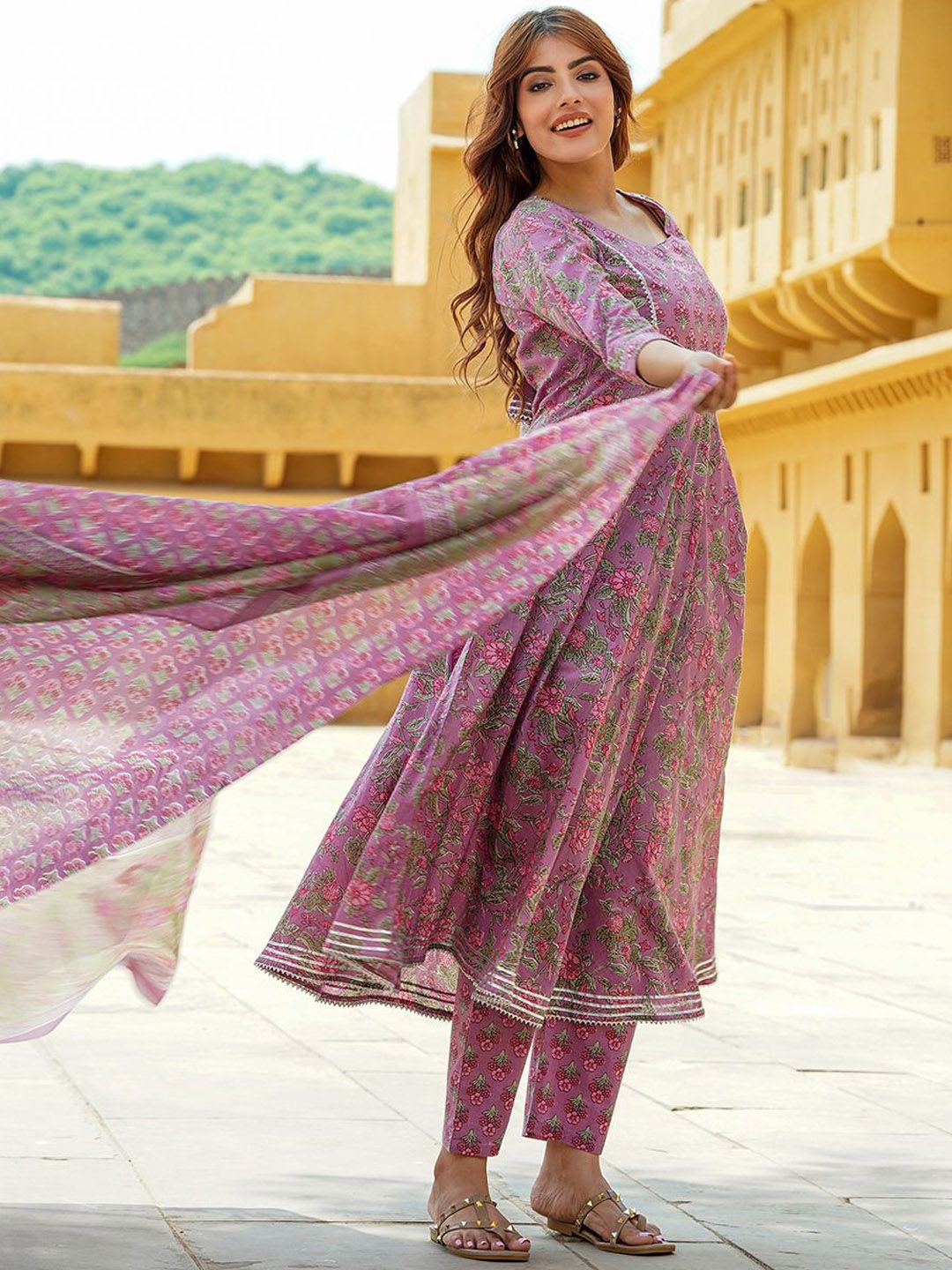 Dhiyona KL Floral Printed Gotta Patti Pure Cotton Anarkali Kurta With Trousers & Dupatta