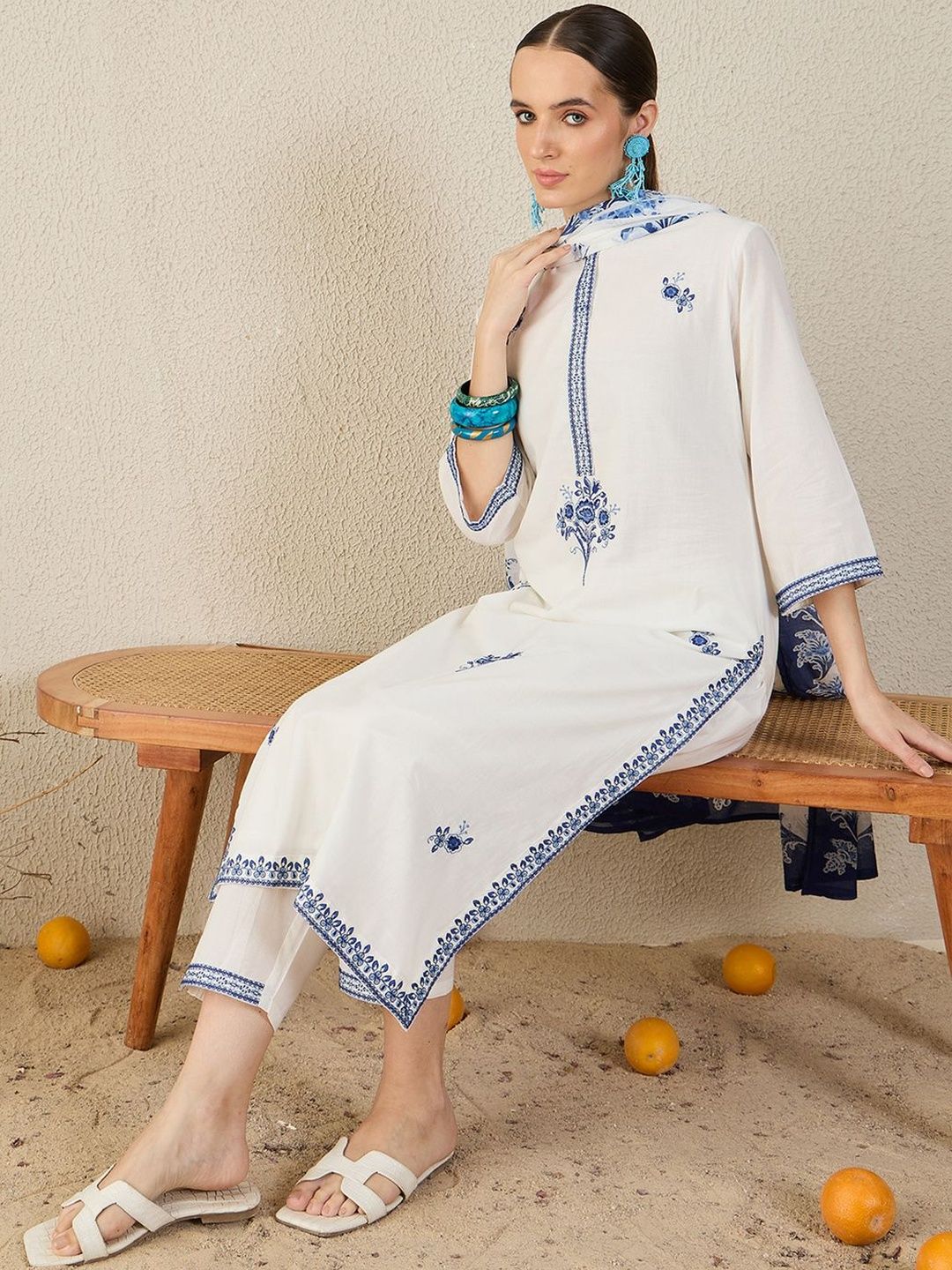 Floral Embroidered Thread Work Pure Cotton Straight Kurta & Trouser With Dupatta