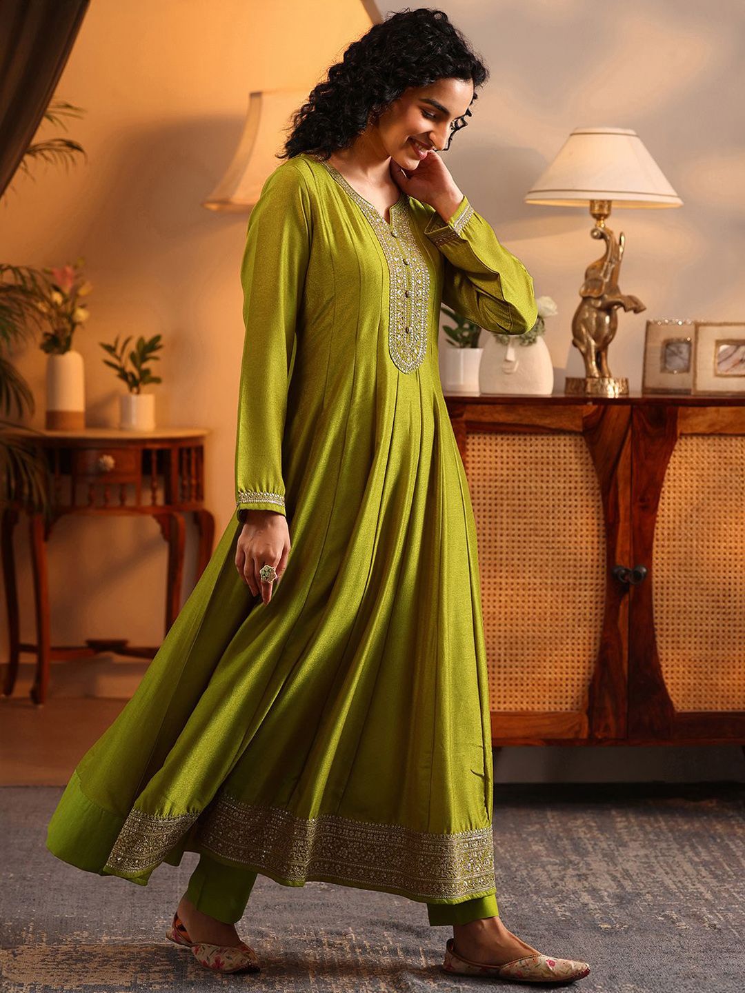 Dhiyona LL Womens Lime green Embroidered Anarkali Kurta With Trousers & Dupatta