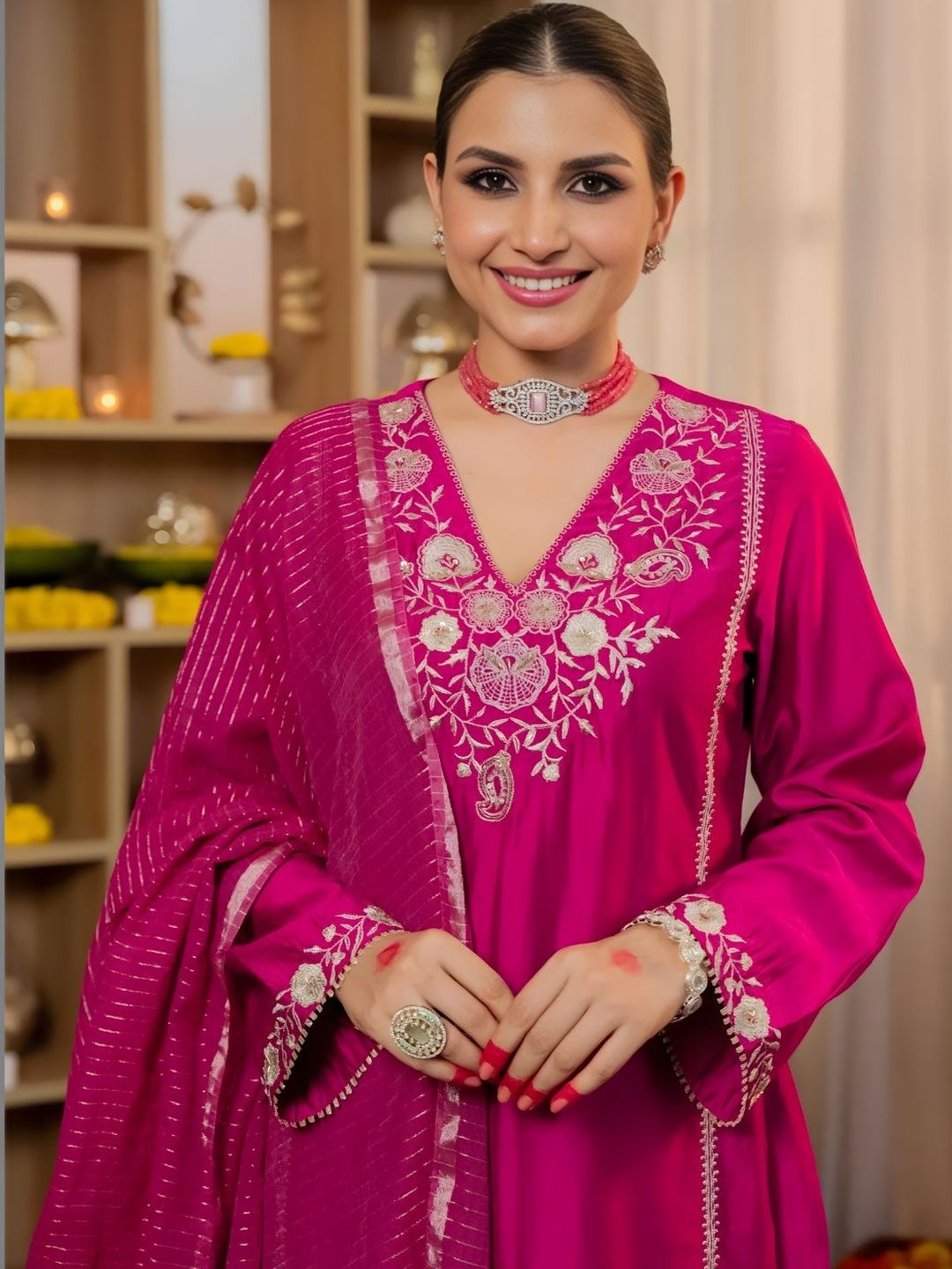 Dhiyona KL Women Ethnic Motifs Embroidered Regular Thread Work Kurta with Trousers & With Dupatta