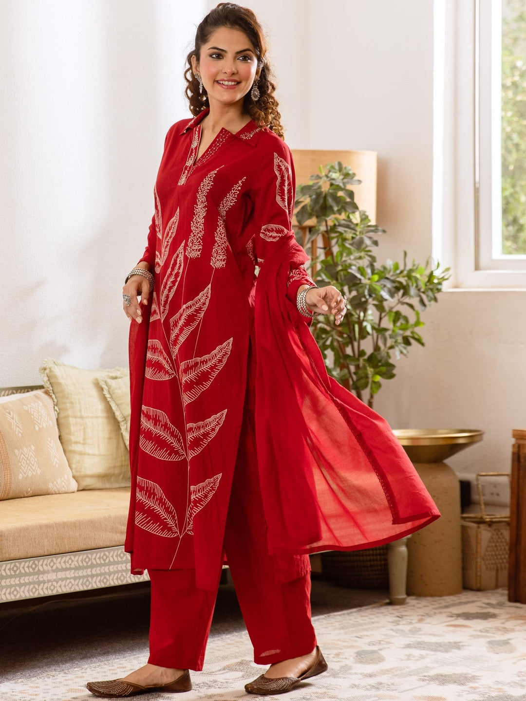 Printed Pure Cotton Shirt Collar Neck Kurta & Trousers With Dupatta