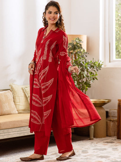 Printed Pure Cotton Shirt Collar Neck Kurta & Trousers With Dupatta