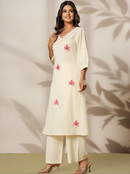 Embroidered V-Neck Kurta & Trousers