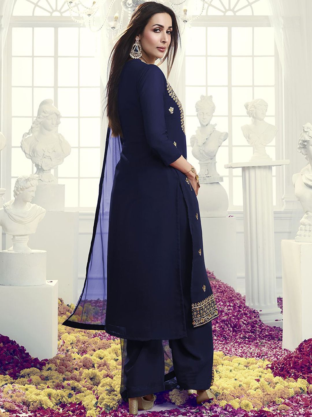 Dhiyona IN Navy Blue Floral Embroidered Sequinned Georgette Kurta with Palazzo & Dupatta
