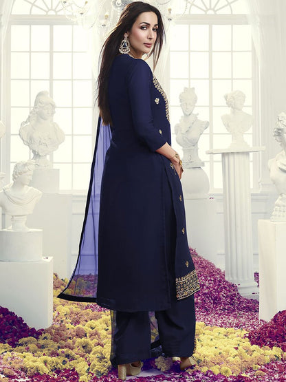 Dhiyona IN Navy Blue Floral Embroidered Sequinned Georgette Kurta with Palazzo & Dupatta