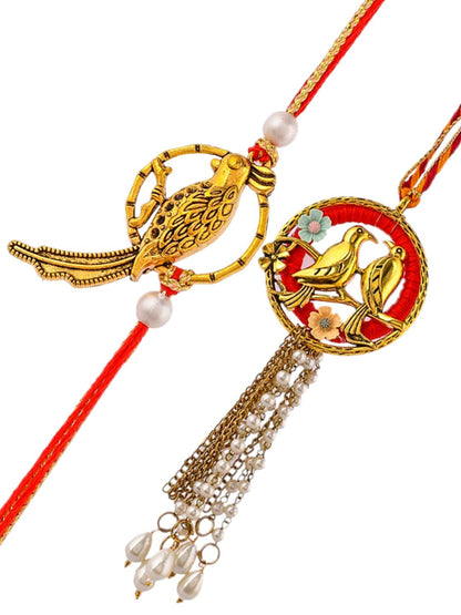 Dhiyona Gol-Toned Beaded Bhaiya Bhabhi Rakhi With Roli Chawal & Greeting Card