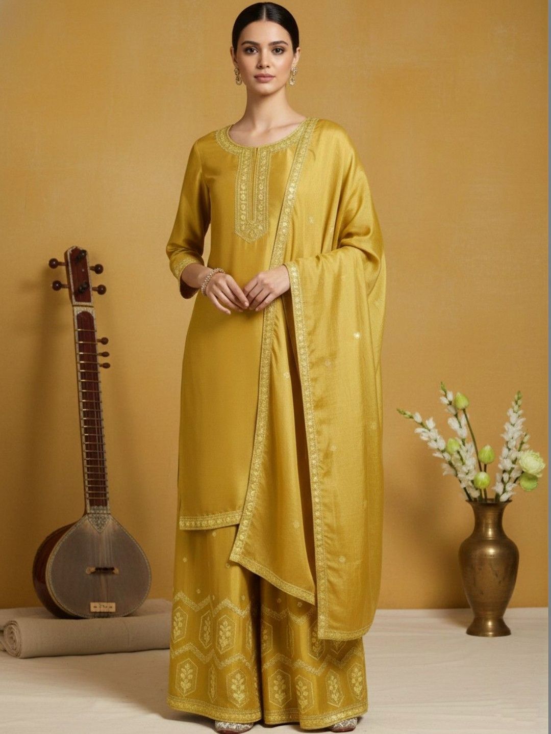 Dhiyona VA Women Ethnic Motifs Embroidered Regular Thread Work Silk Crepe Kurta with Palazzos & With Dupatta