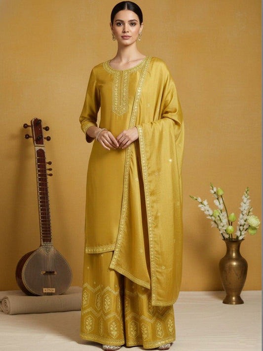 Dhiyona VA Women Ethnic Motifs Embroidered Regular Thread Work Silk Crepe Kurta with Palazzos & With Dupatta