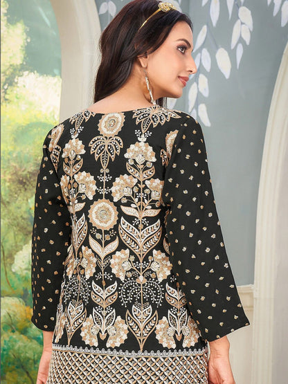 Dhiyona KL Alina Cut Floral Embroidered Sequinned Georgette Straight Kurta With Palazzos & Dupatta