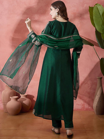 Green Floral Embroidered Panelled Zari A-Line Kurta With Trousers And Dupatta