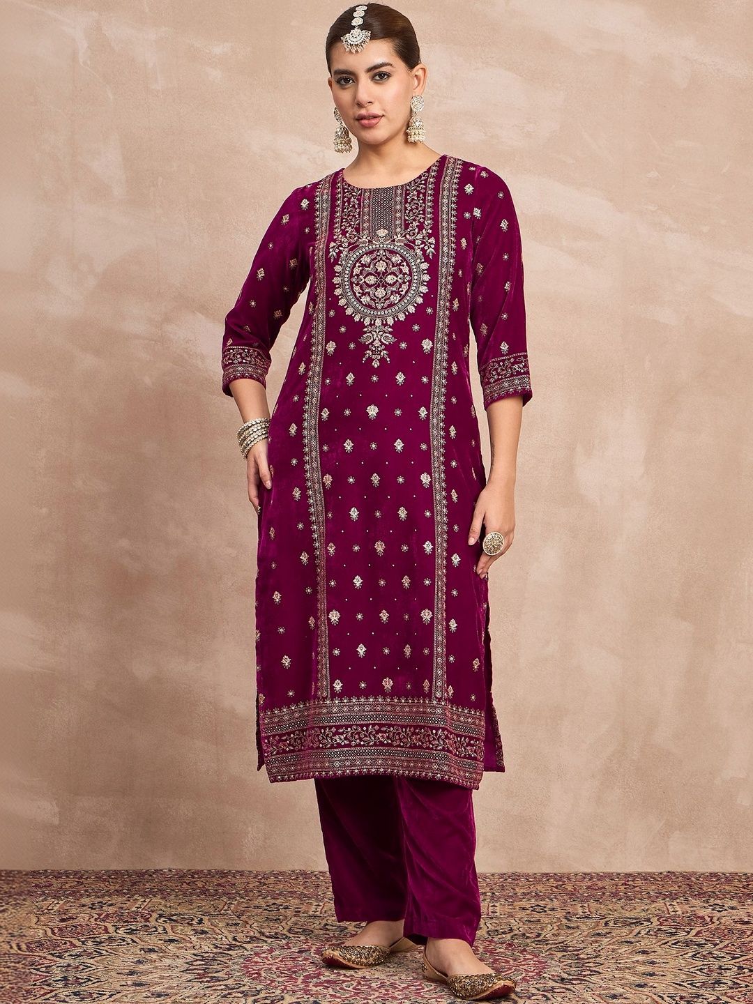 Purple Women Ethnic Motifs Embroidered Regular Thread Work Velvet Kurta with Trousers