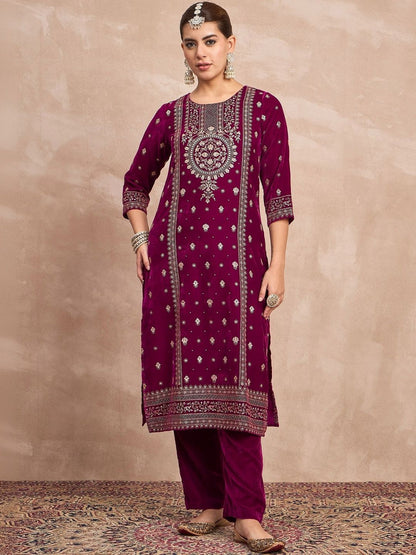 Purple Women Ethnic Motifs Embroidered Regular Thread Work Velvet Kurta with Trousers