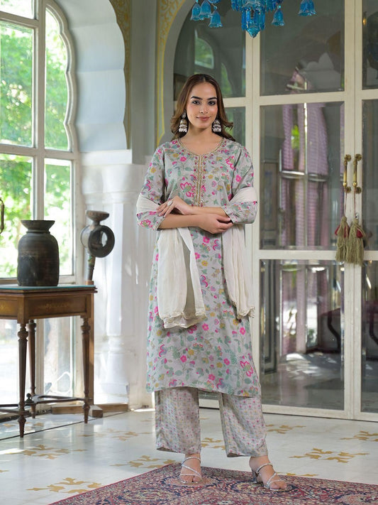 Dhiyona KL Women Grey Silk Blend Kurta With Trousers & Dupatta