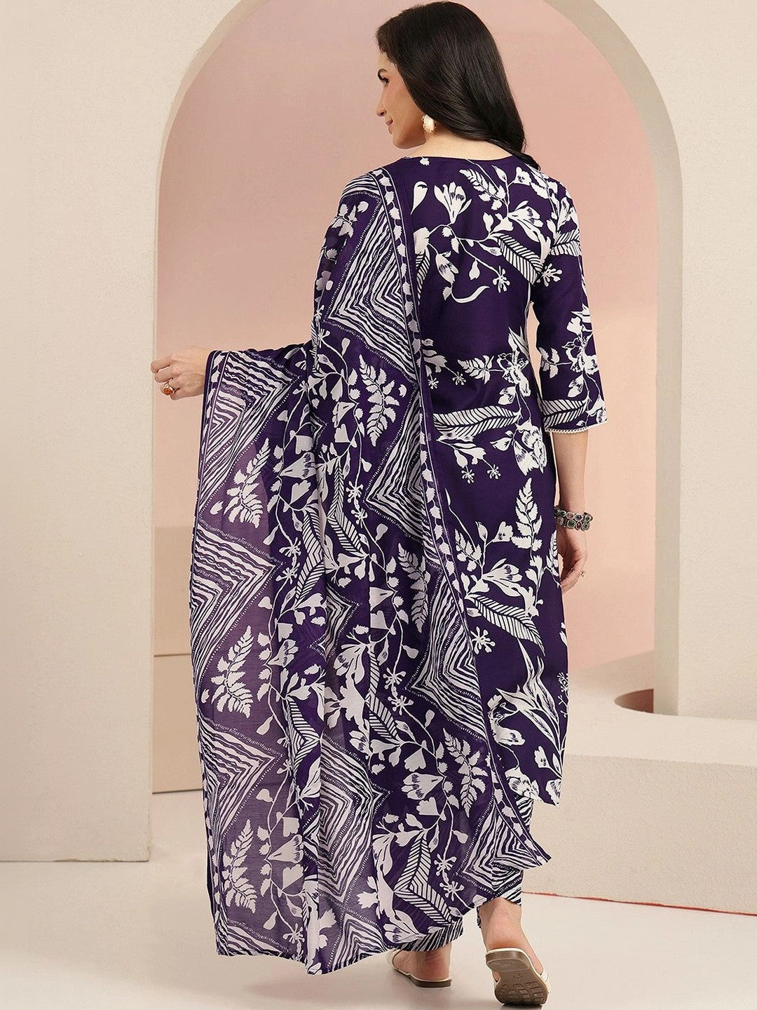 Plum Purple Floral Printed Cotton Blend Straight Suit Set