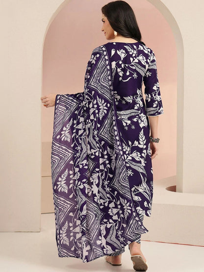 Plum Purple Floral Printed Cotton Blend Straight Suit Set