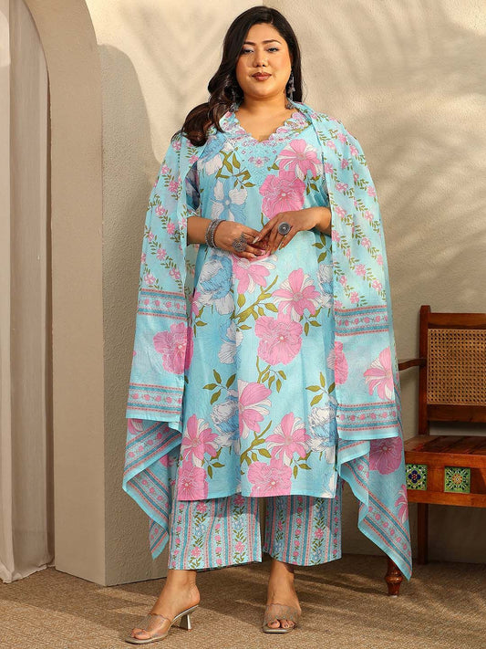 Dhiyona Women's Plus Size Floral Printed Kurta with Trousers & With Dupatta