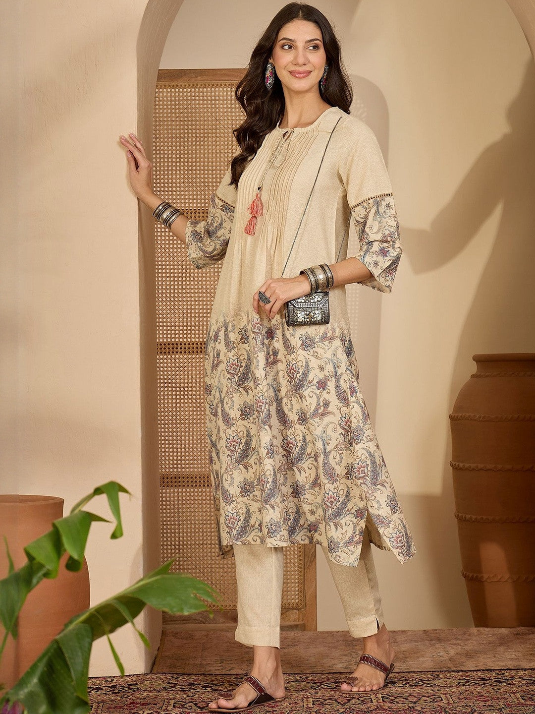 Floral Printed Round Neck A-Line Kurta & Trousers