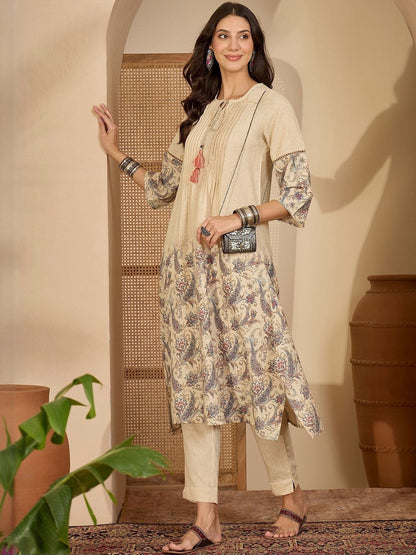 Floral Printed Round Neck A-Line Kurta & Trousers