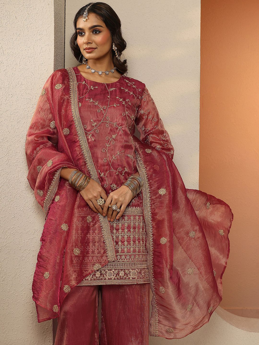 Dhiyona LL Women Ethnic Motifs Embroidered Regular Thread Work Kurta with Palazzos & With Dupatta
