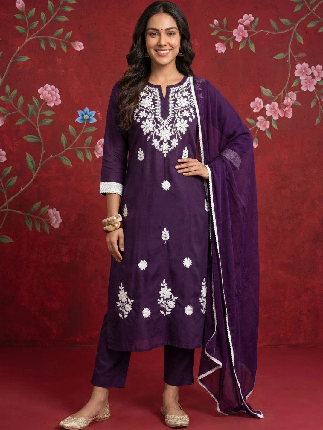 Women Ethnic Motifs Embroidered Regular Thread Work Kurta with Trousers & With Dupatta