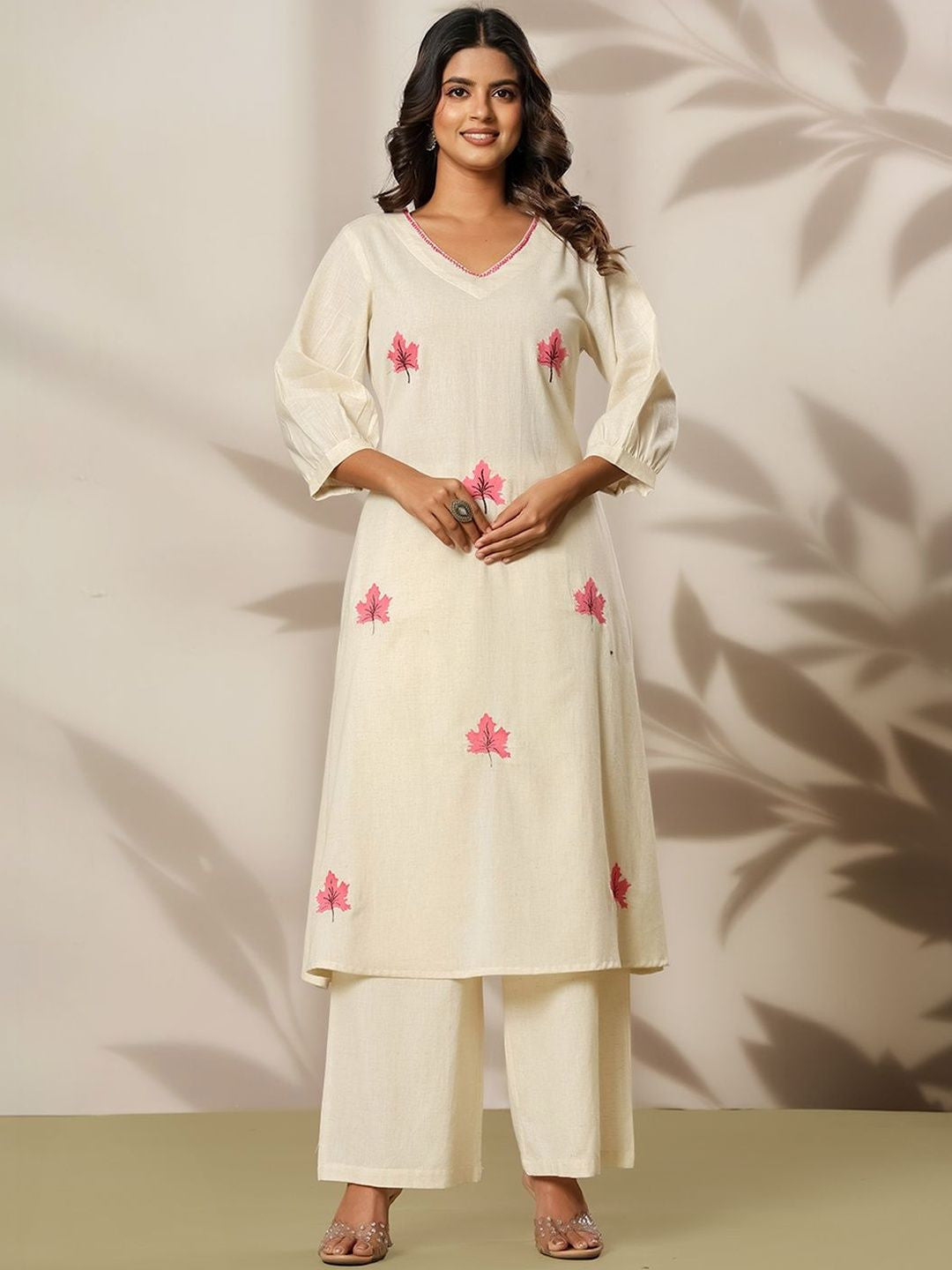 Embroidered V-Neck Kurta & Trousers