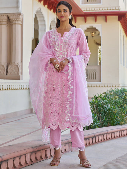 Women Floral Embroidered Cotton Kurta with Trousers & Dupatta