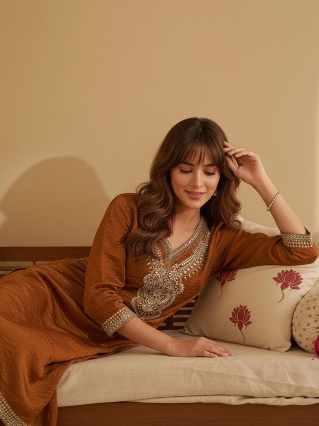 Dhiyona CH Women Ethnic Motifs Embroidered Regular Thread Work Kurta with Palazzos & With Dupatta