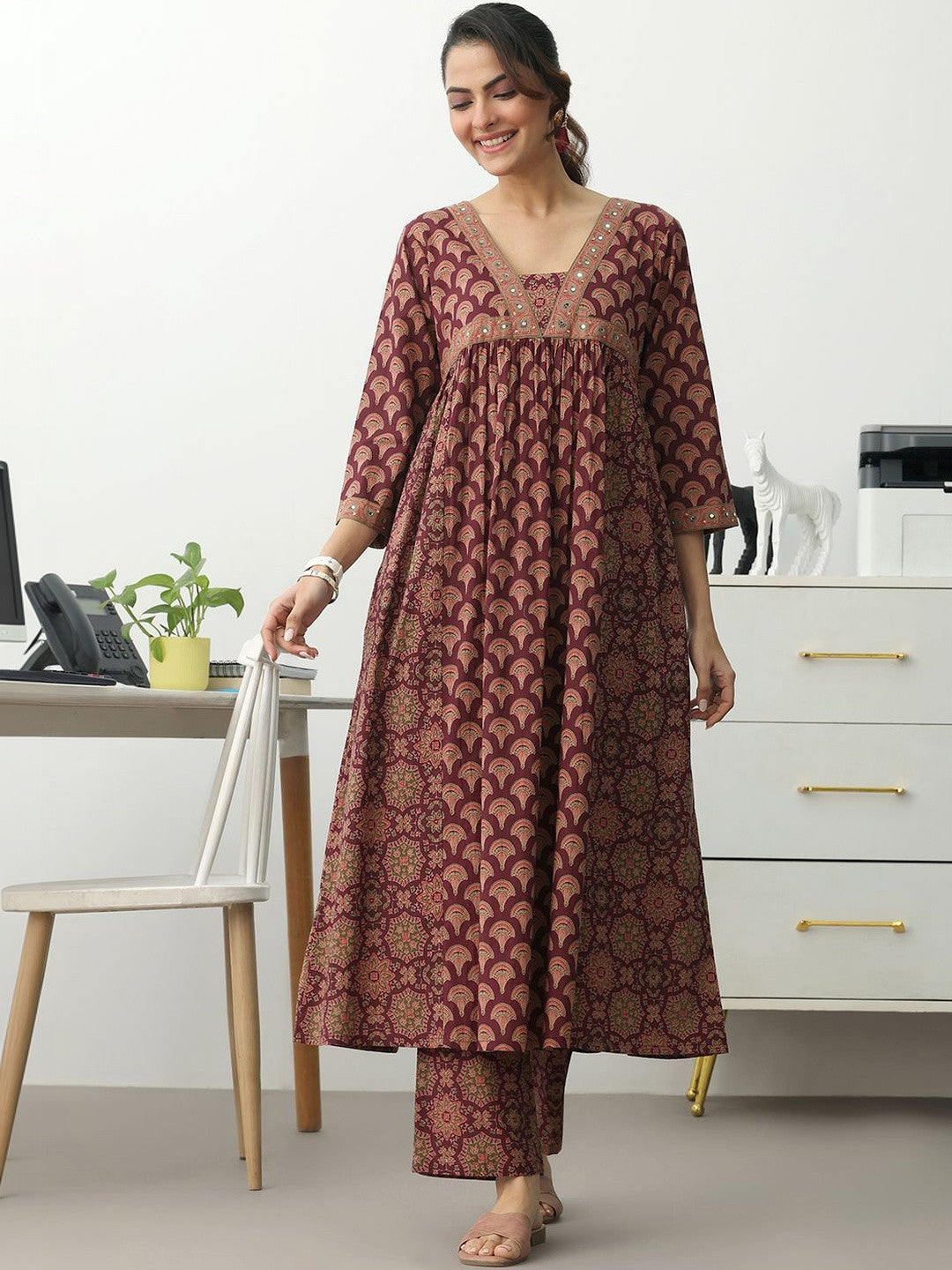 Women Ethnic Motifs Printed Empire Mirror Work Kurta with Trousers