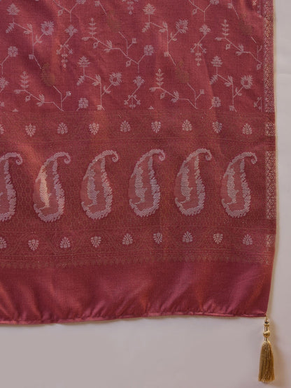 Woven Design V-Neck Straight Kurta With Trousers & Dupatta