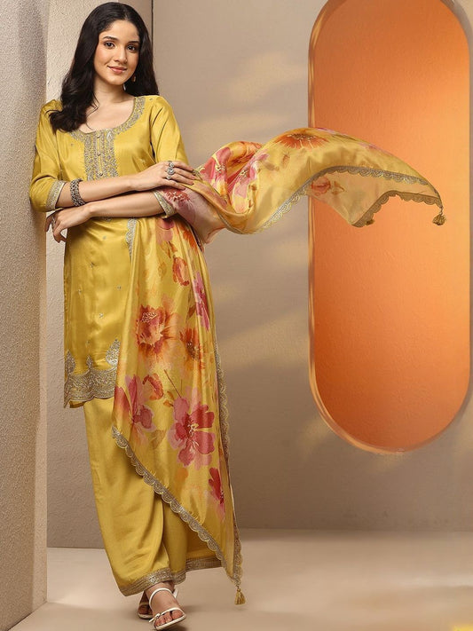 Dhiyona LL Floral Embroidered Thread Work Kurta with Palazzos & With Dupatta