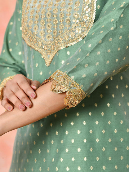 Women Geometric Woven Design Kurta with Trousers & Dupatta