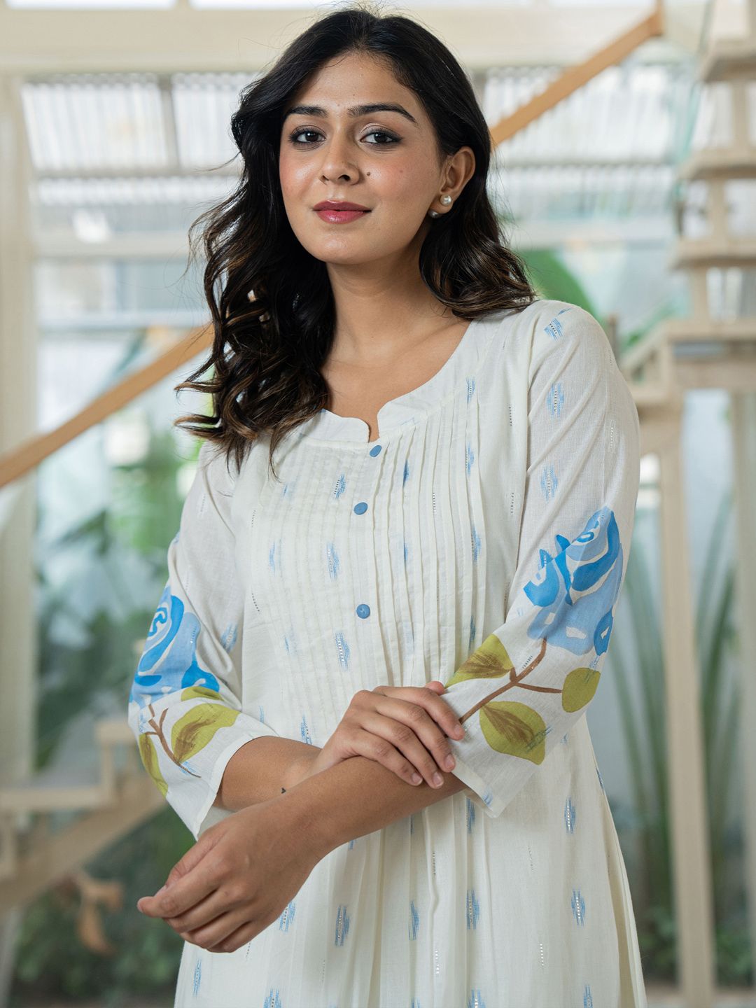 Dhiyona IE Floral Printed Mandarin Collar Pleated Pure Cotton A-Line Kurta With Trouser