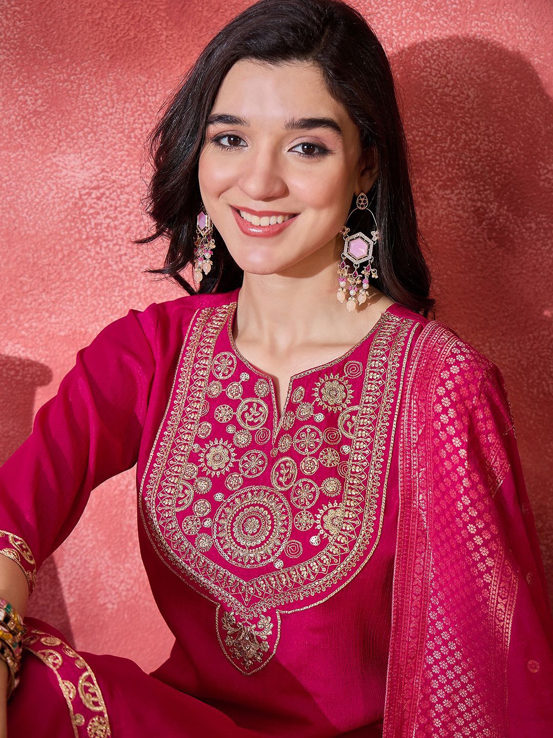 Dhiyona SN Sequinnd Woven Design Straight Kurta & Palazzo With Dupatta