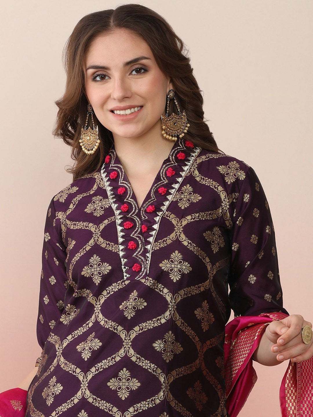 Woven Design Embroidered Banarasi Straight Kurta With Salwar & Dupatta