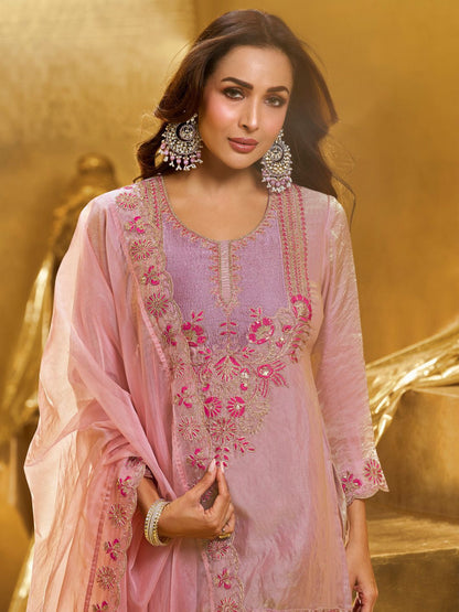Dhiyona IN Women Embroidered Crushed Organza Silk Kurta Set with Dupatta