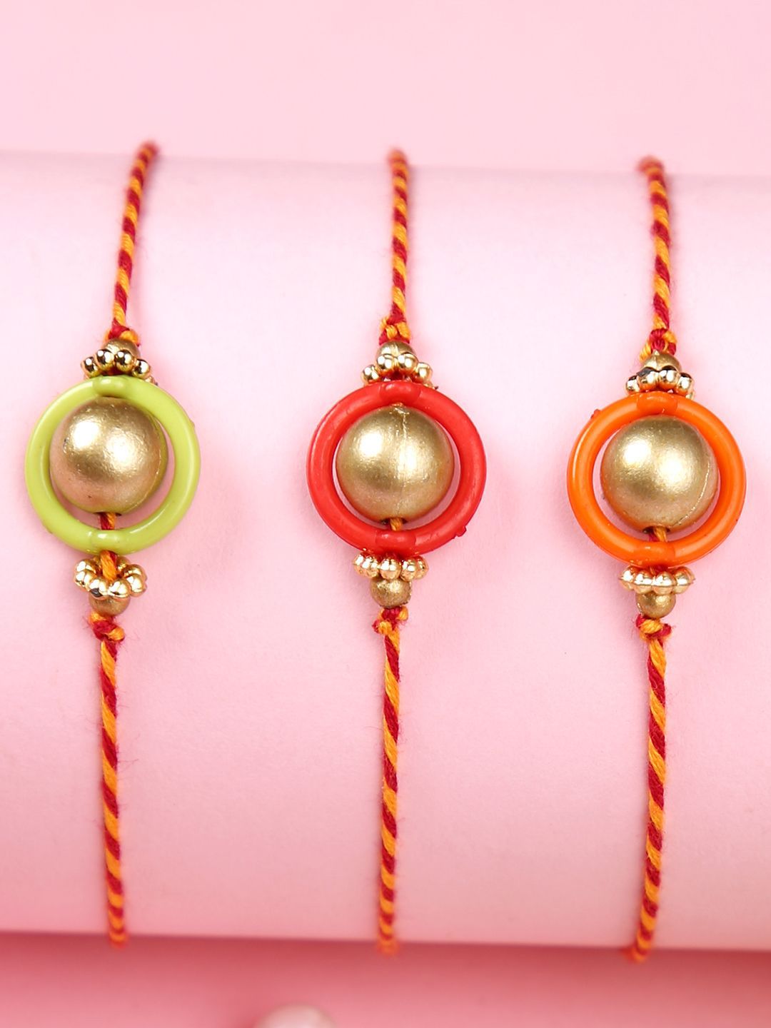 Dhiyona Gold Toned Set Of 3 Beaded Thread Rakhis With Roli Chawal & Greeting Card