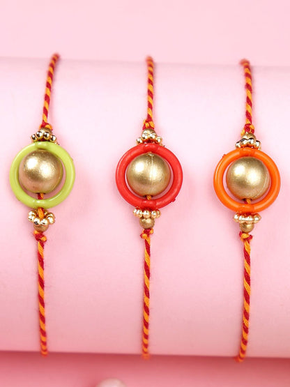 Dhiyona Gold Toned Set Of 3 Beaded Thread Rakhis With Roli Chawal & Greeting Card